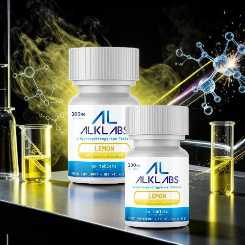 Bottles of ALKLABS supplements with test tubes and a scientific background.