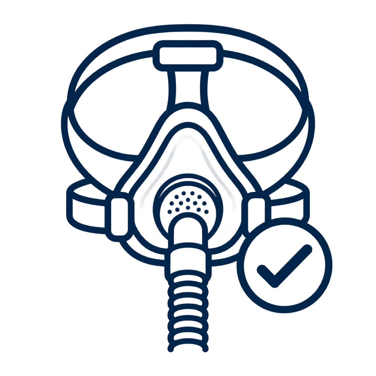 Illustration of a CPAP mask with a checkmark symbol.