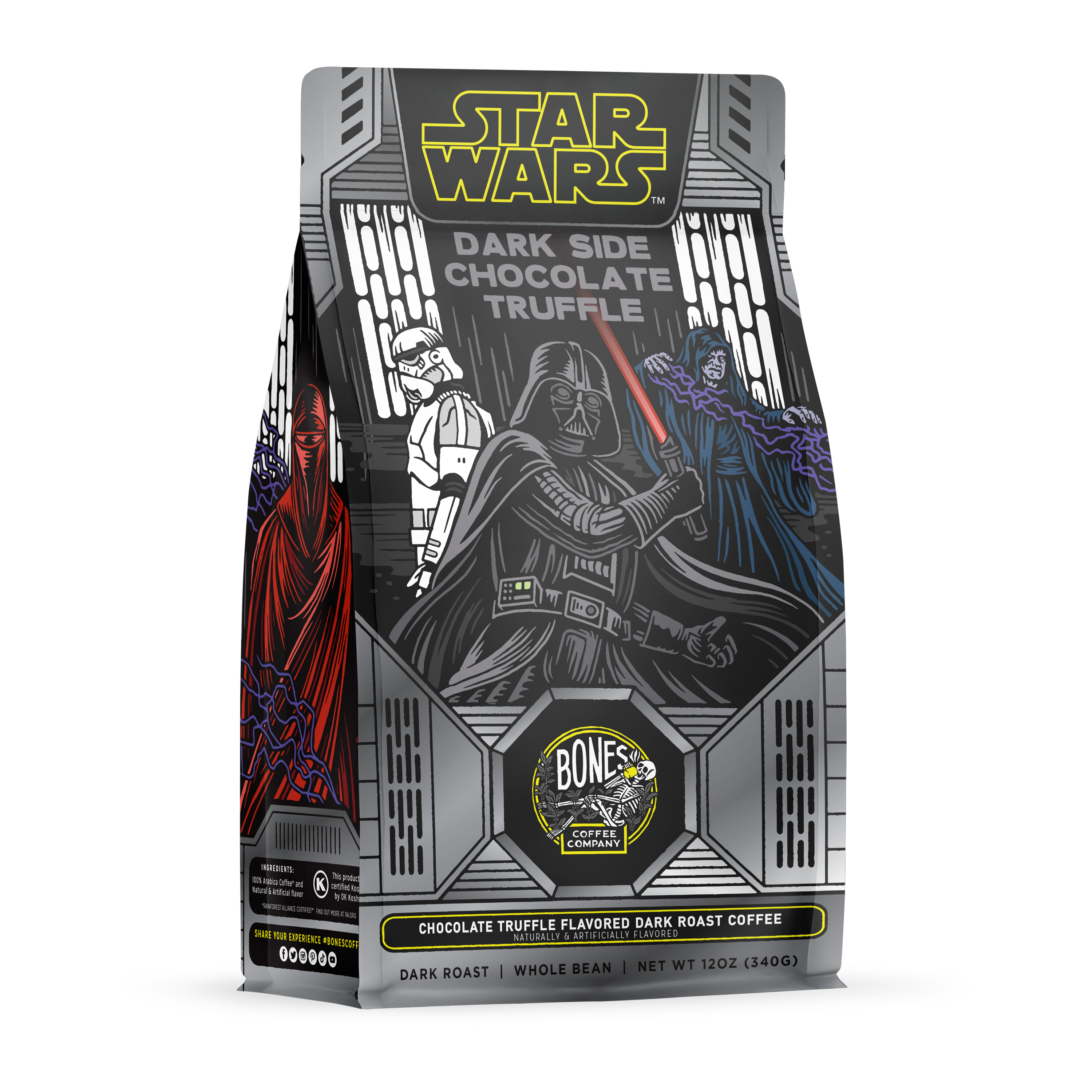 The front of a 12 ounce bag of Bones Coffee Company Dark Side Chocolate Truffle flavored coffee. Its flavor is chocolate truffle, and its art shows Darth Vader, Emperor Palpatine, and a Stormtrooper on it.