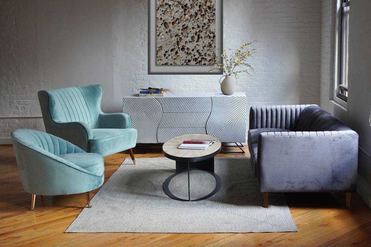 mcm living room set - grey and seafoam velvet