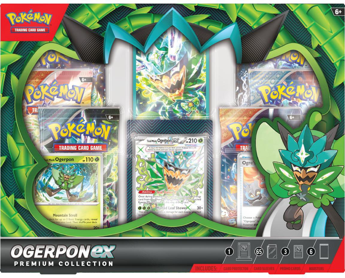 Pokémon Ogerpon EX Premium Collection box with cards and accessories.