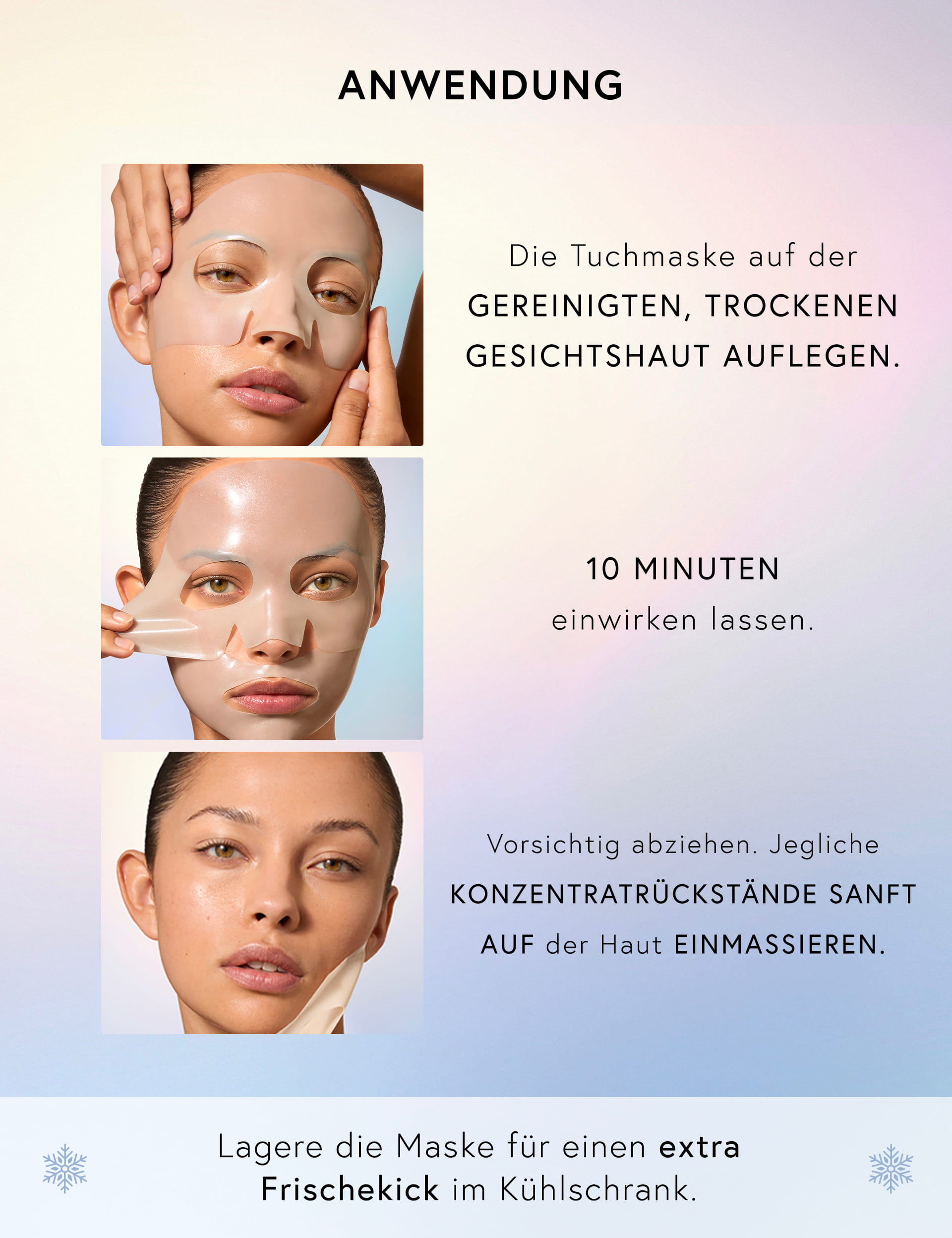 Instructions for applying a facial mask with a model demonstration.