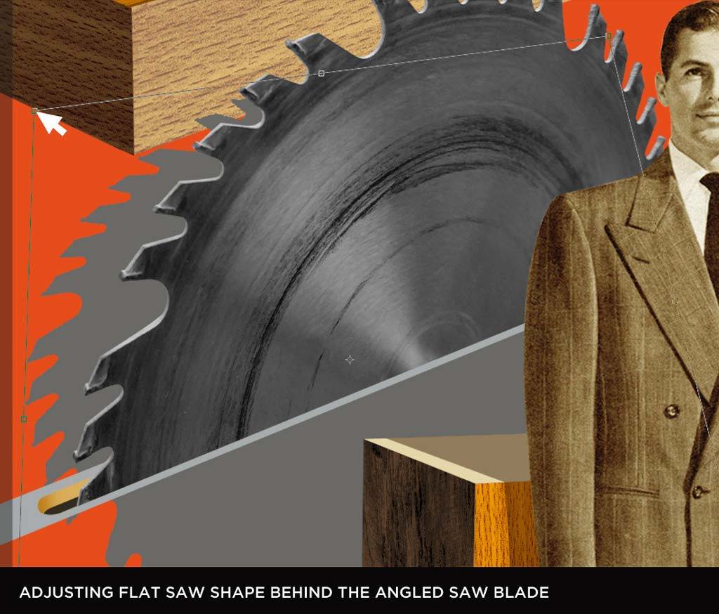 Adjusting flat saw shapes behind the angled saw blade to create a shadow in Photoshop