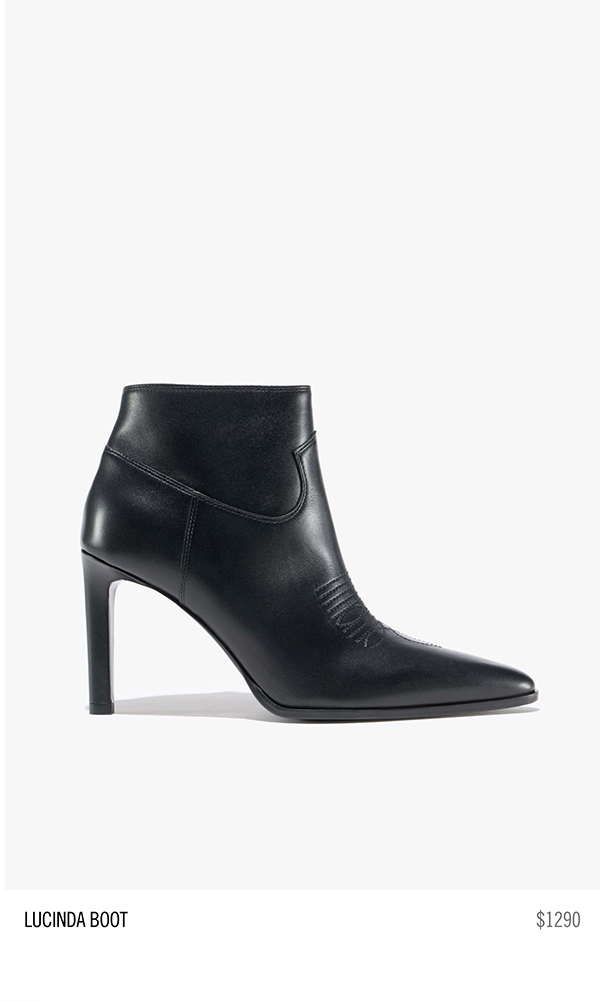 Black leather ankle boot with a high heel.