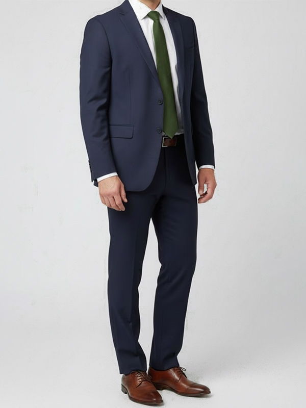 Man wearing navy suit and hunter green tie