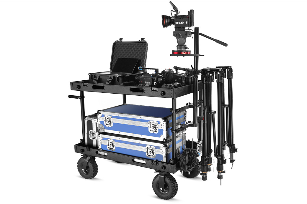 Proaim Victor Lite V2 cart loaded with camera gear and cases