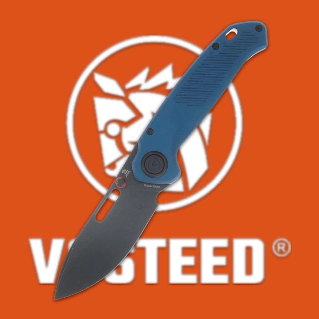 Folding knife with blue handle against an orange background featuring a logo.