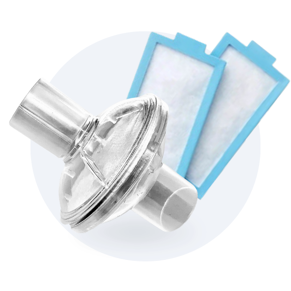Clear filter component with two blue replacement filters.