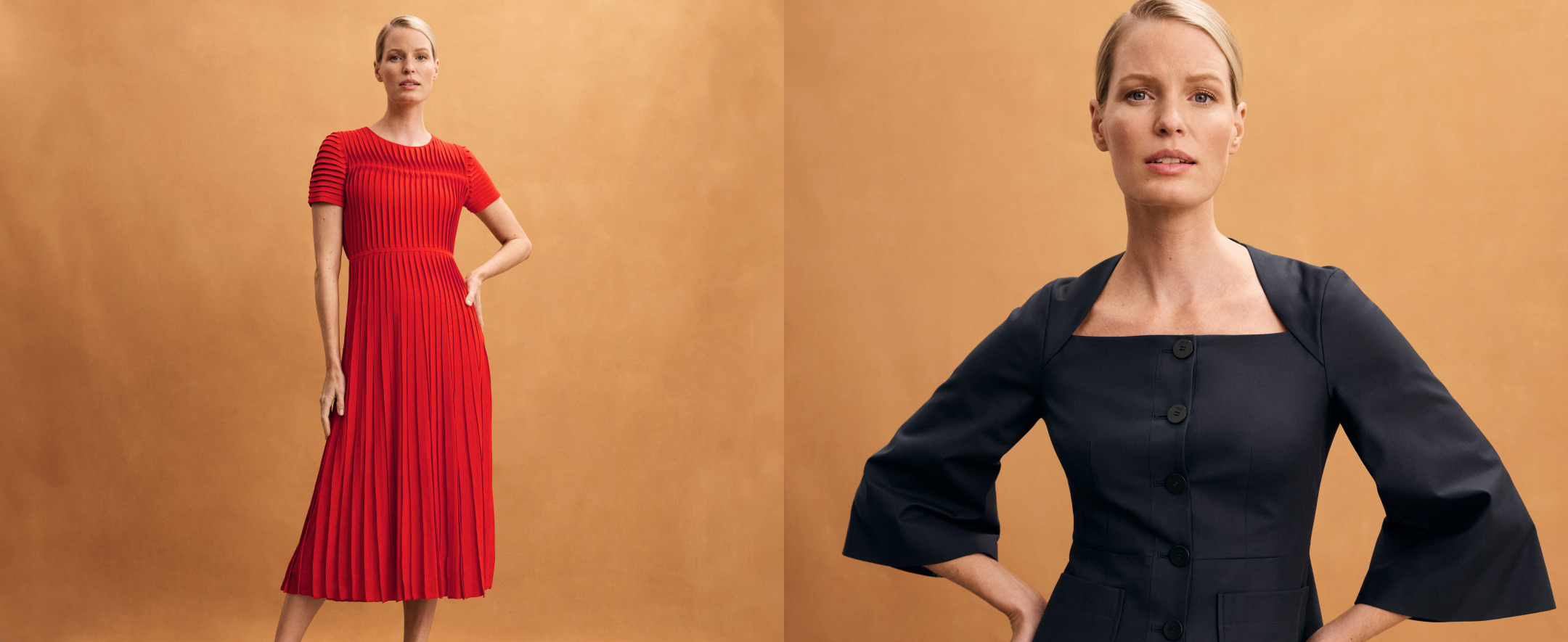 New In for April vivid red Allegra dress and navy Nemia jacket