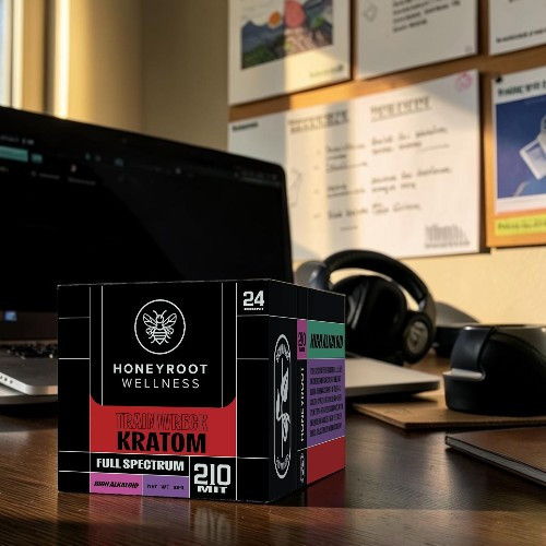 Box of Honeyroot Wellness Kratom on a desk with computer and headphones.