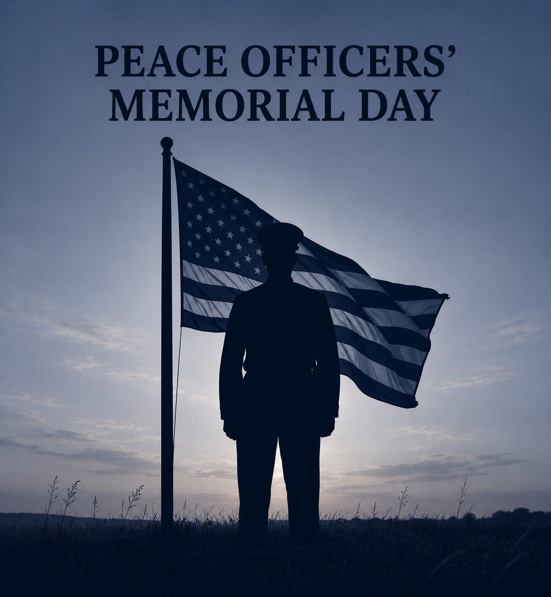 Silhouette of a person with an American flag, honoring Peace Officers' Memorial Day.