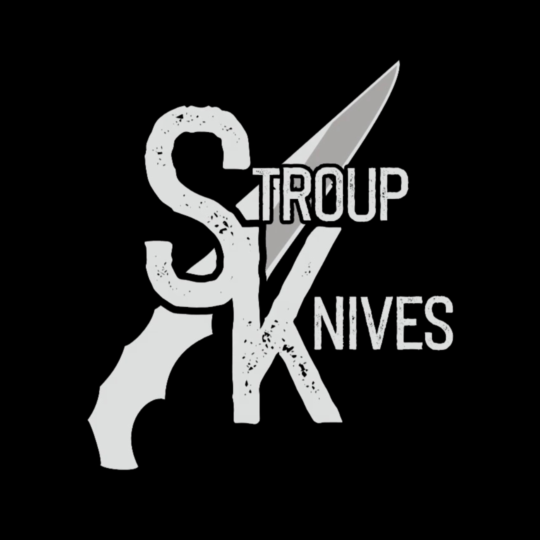 Logo for Stroup Knives featuring a knife and stylized text.