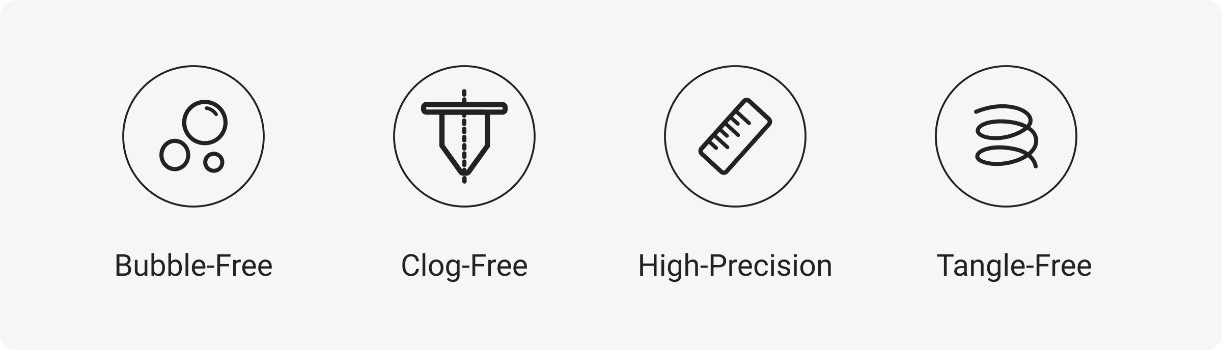 Icons representing bubble-free, clog-free, high precision, and tangle-free features.