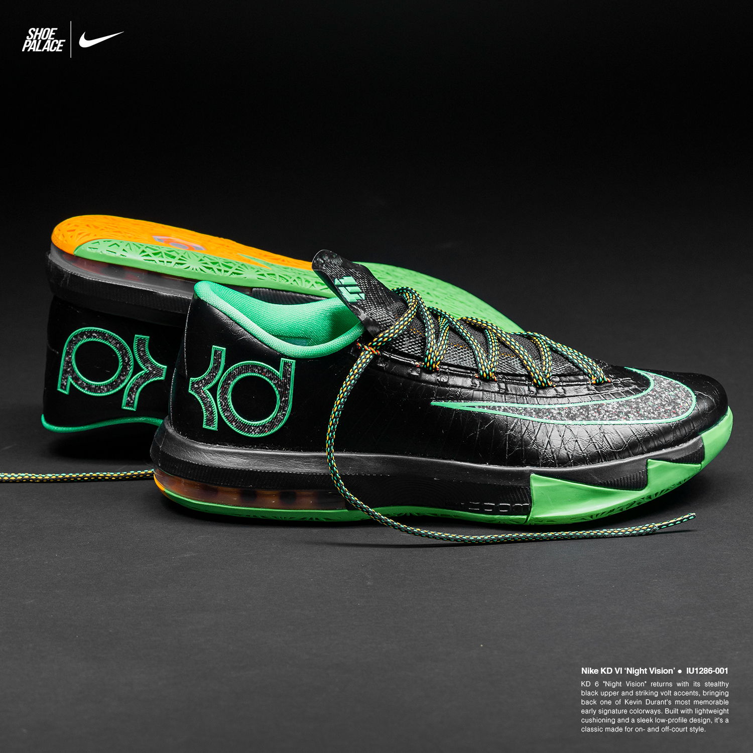 Nike KD sneakers in black and green with orange accents.