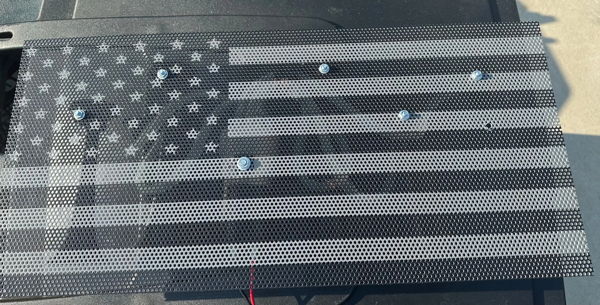 Perforated American flag mounting plate custom bracket Ricky's 2012 Jeep JK Wrangler Sport Wrango Horn Kit Nightmare Edition Dixie horn customer install gallery photo 2