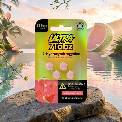 Ultra Tabz packaging with 7-Hydroxymitragynine tablets by a tropical setting.
