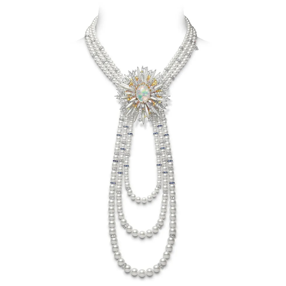 Praise to the Sea Mikimoto Triple Strand Pearl Rope Necklace with Opal, Diamond and Sapphire Center
