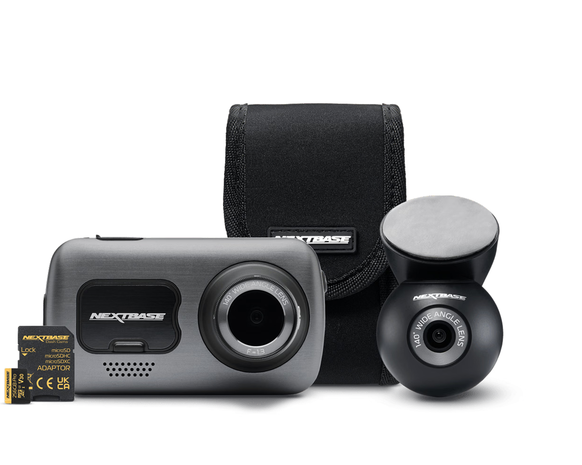 A dashcam kit with camera, mount, and storage card.