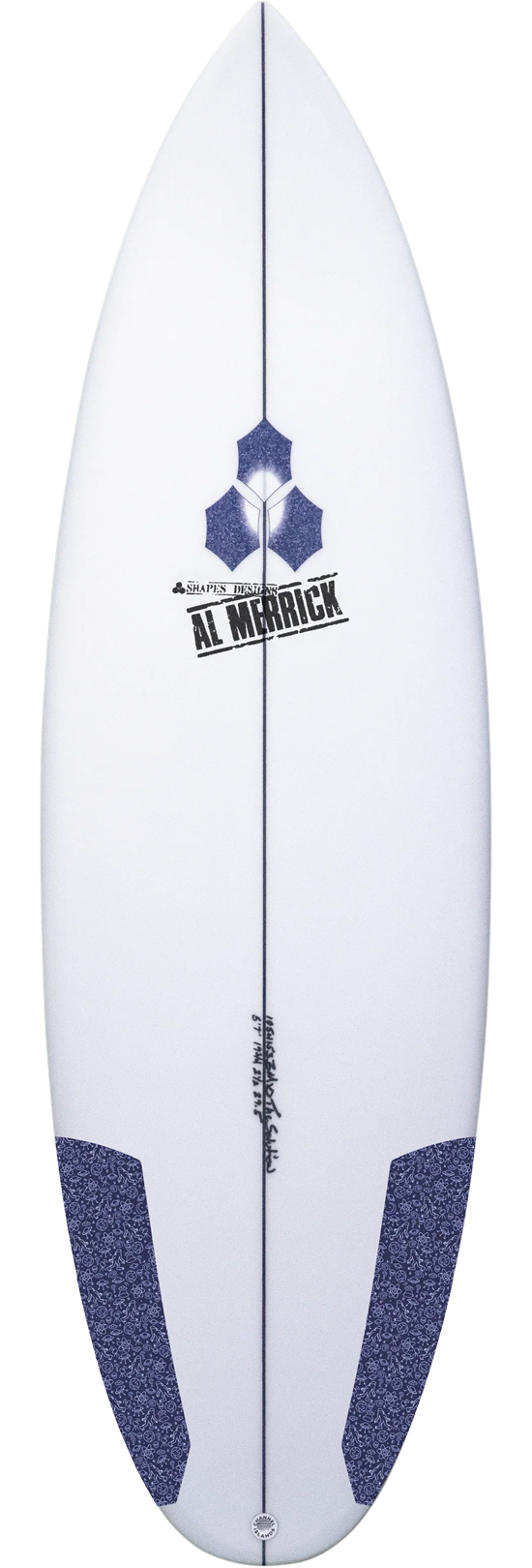 White surfboard with Al Merrick logo and blue design elements.
