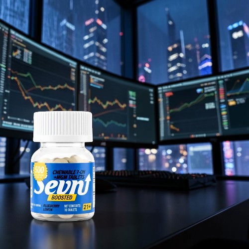 Bottle of Sevn’t dietary supplement in front of stock market screens.