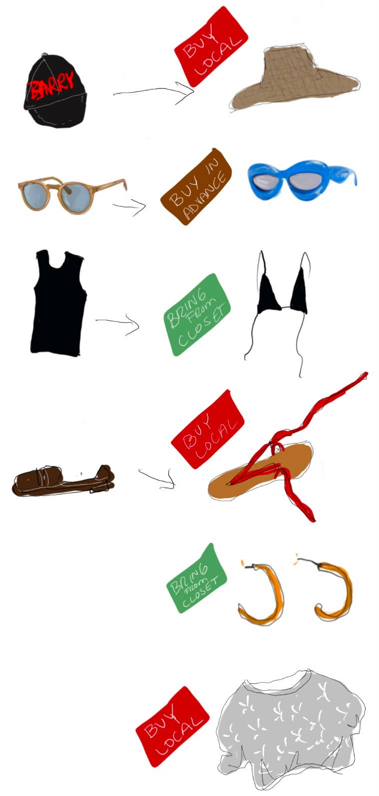 illustration of hats, sunglasses, tops, shoes, earrings, shirt