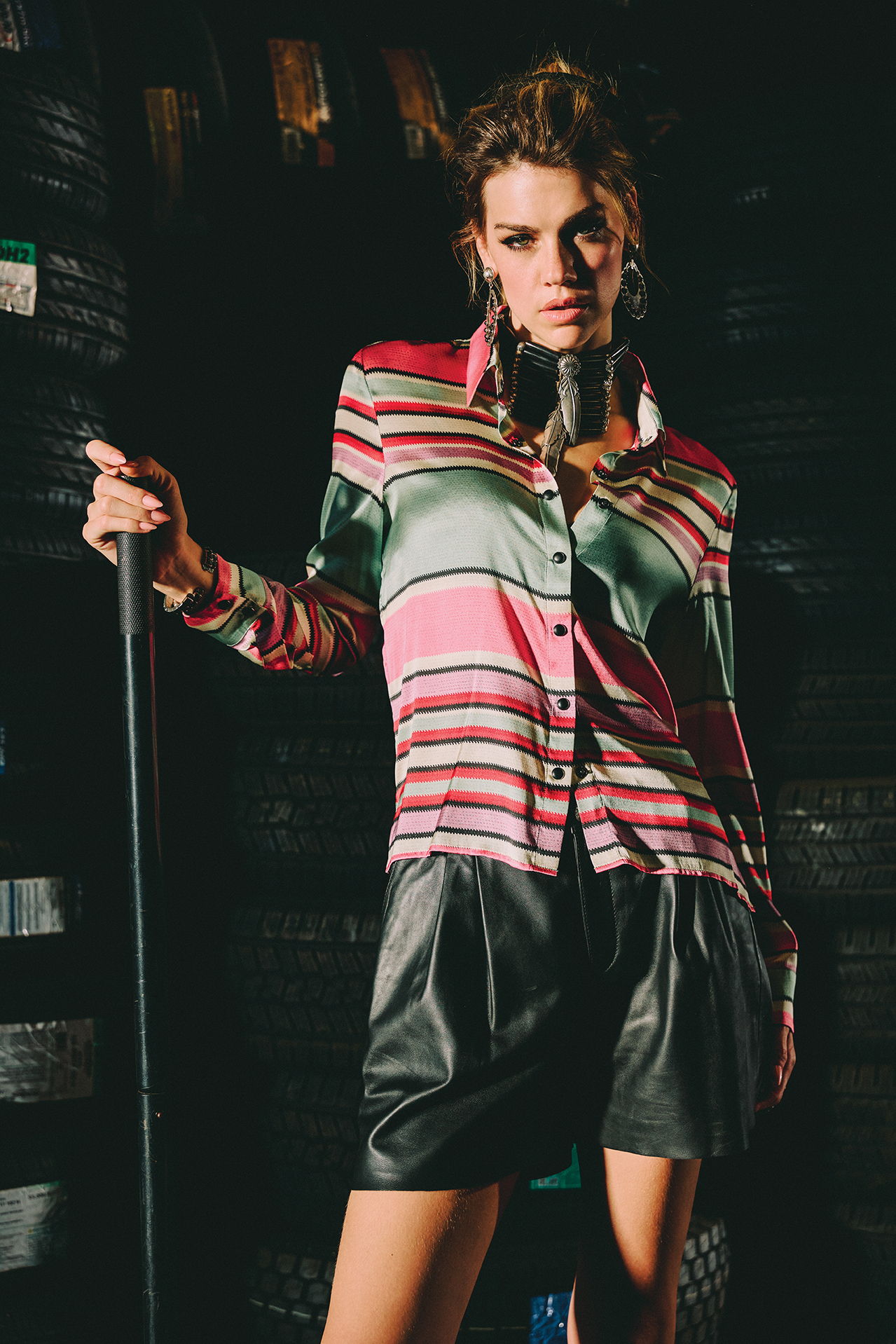 Lozzie wearing the Round Top Serape Blouse with the Katy Short and a stunning Mummy's Bundle necklace.
