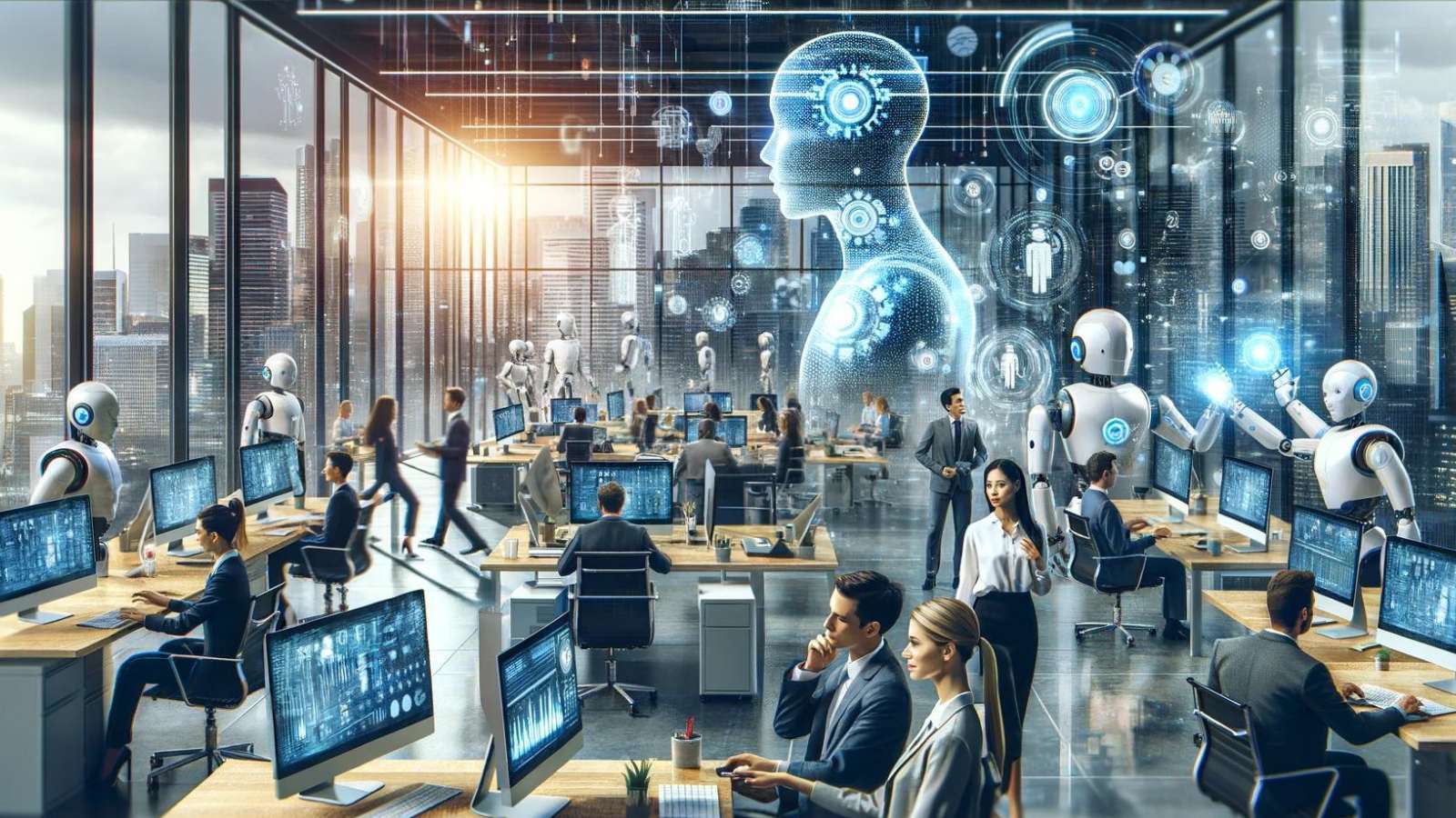 A futuristic office with people and robots interacting with technology.