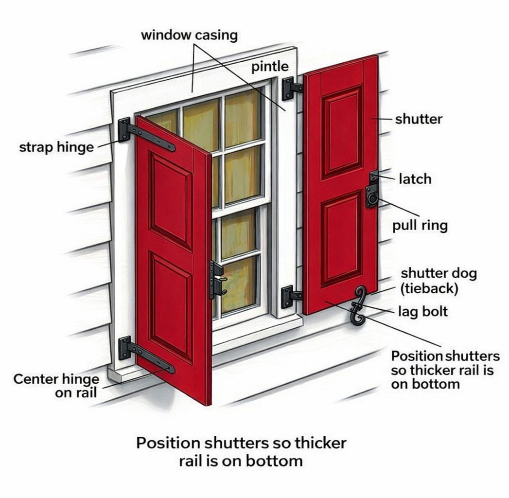 Illustration of a window with red shutters and labeled components.