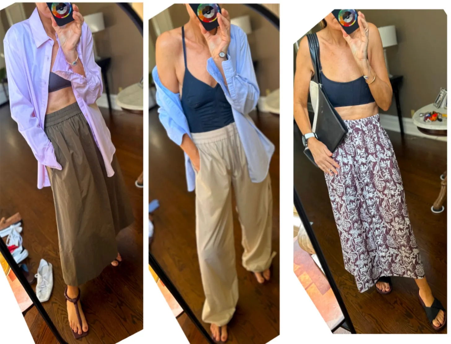 Three outfits featuring different styles of pants and tops.