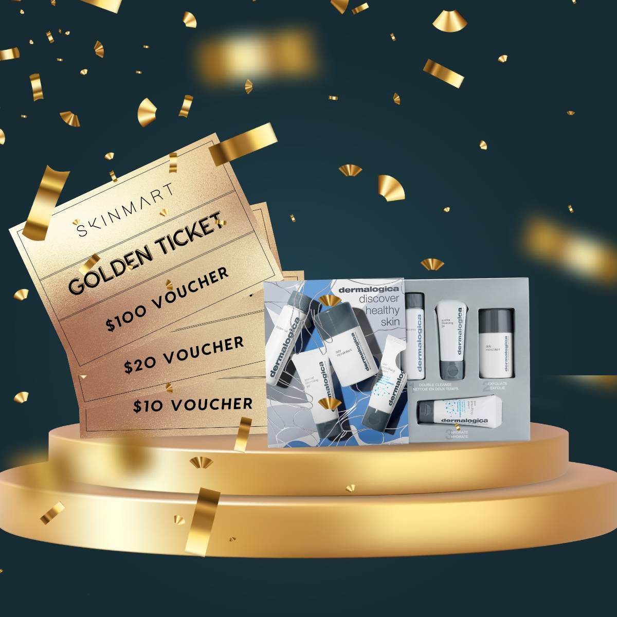 Image of Golden Ticket with complimentary vouchers and Discovery Kits on golden podium with golden confetti falling around it