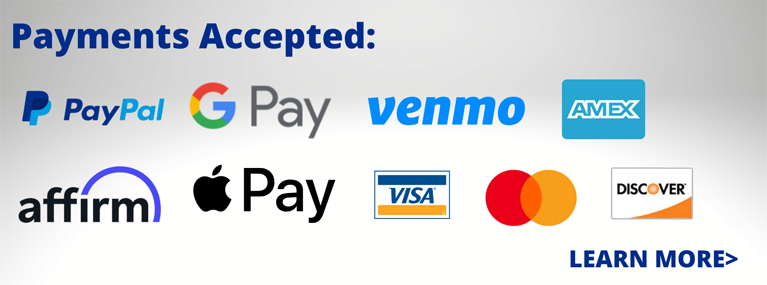 Banner: Payments accepted: Paypal, Gpay, venmo, visa, amex, affirm, apple pay, mastercard, discover. Click here to learn more.