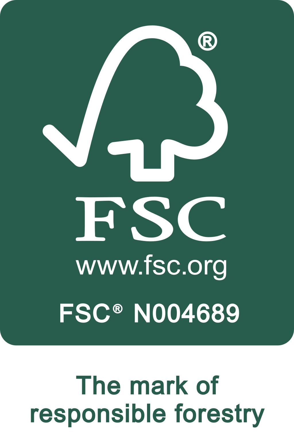 FSC logo representing responsible forestry with website and certification number.