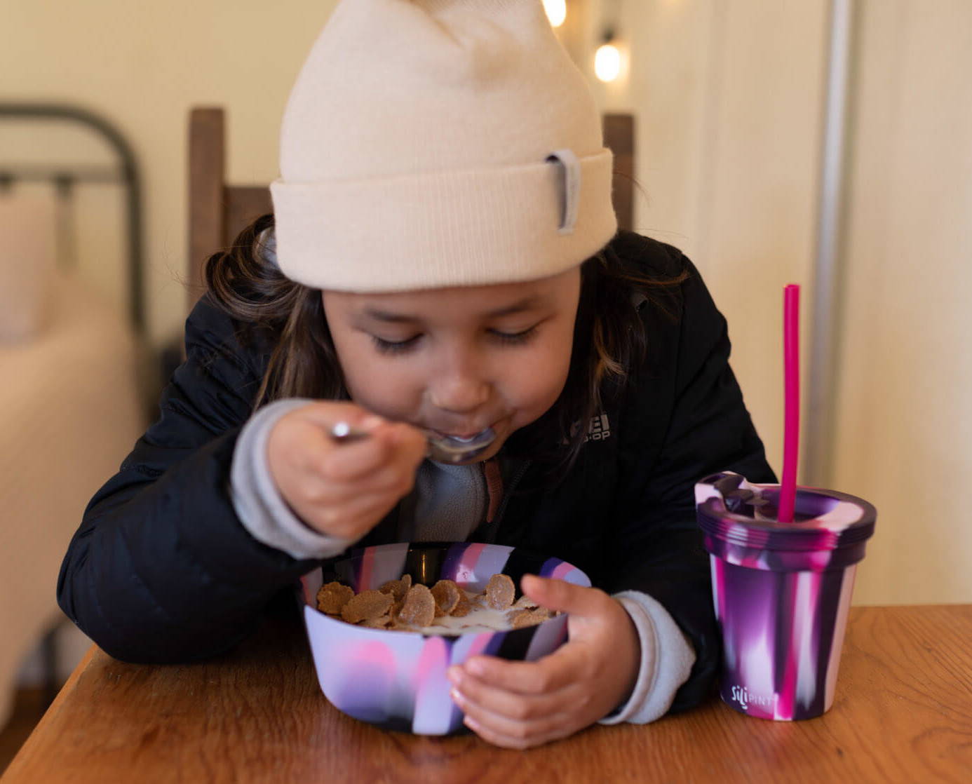 Eating breakfast out of a squeeze a bowl