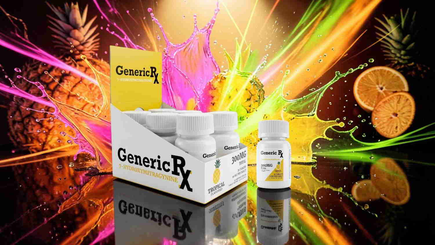 Colorful background with a box and bottles labeled 