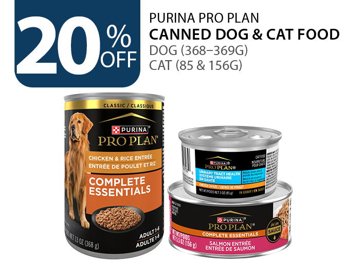 20% off Purina Pro Plan Canned dog (368–369g) and cat (85 & 156g)