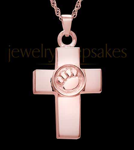 14K Rose Gold Dedication Paw Cross Pet Memorial Jewelry