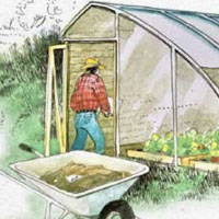 Illustration of a person going into a chinese greenhouse