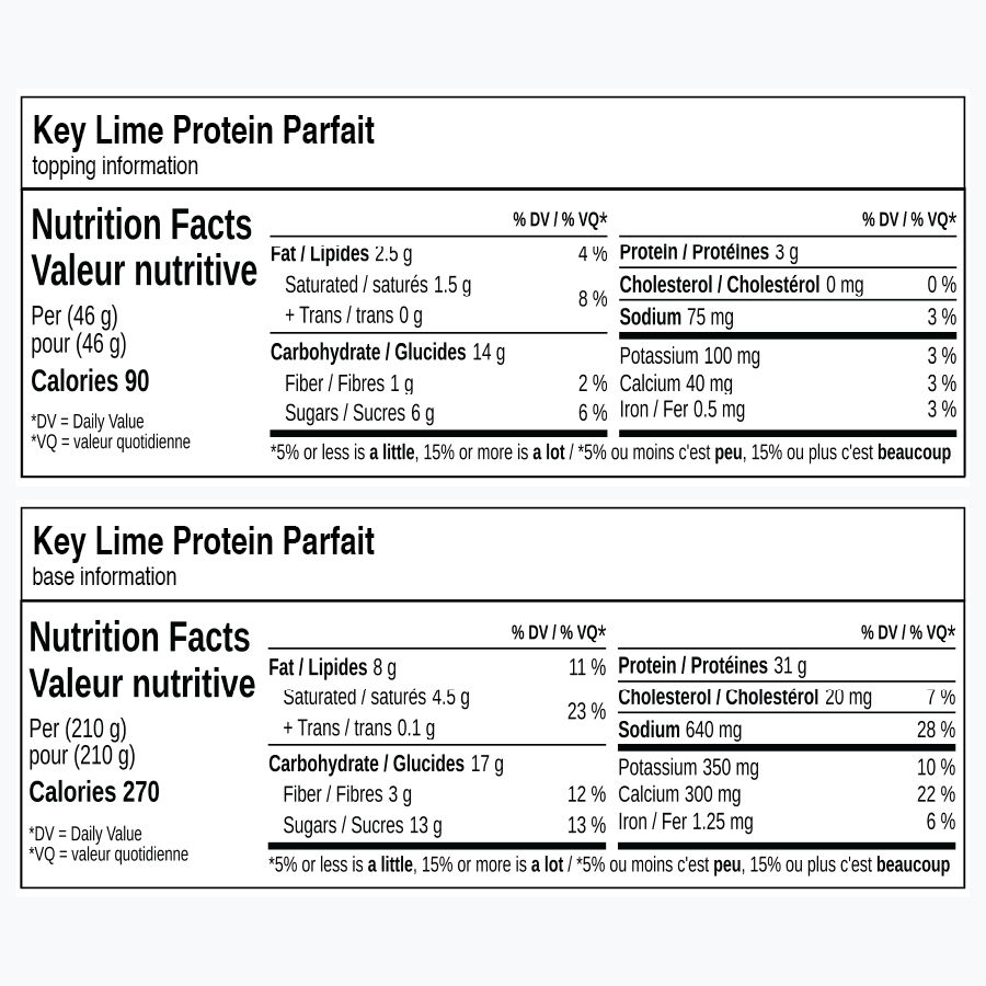 Nutrition facts for Key Lime Protein Parfait, including calories and nutrients.
