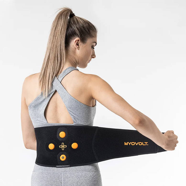 Myovolt vibration therapy back brace for lower back pain relief and treatment of back muscle strain, stiffness or overuse injury from sports and repetitive exercise.