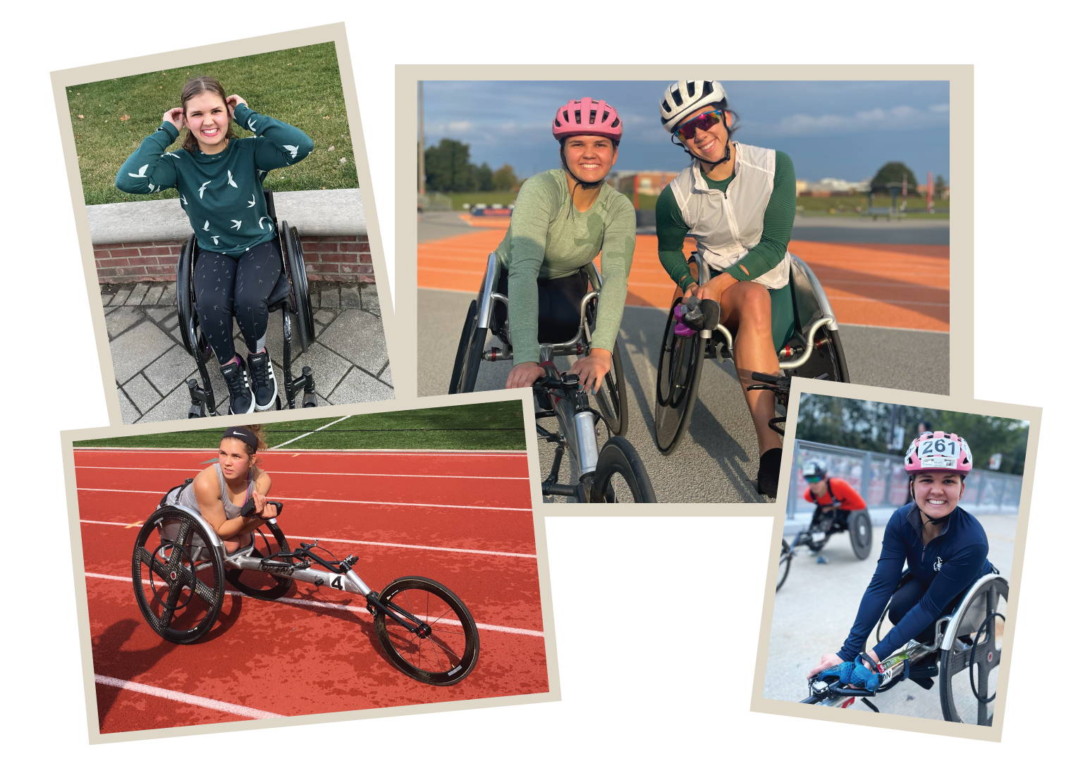 Images of Eva at practice with Jenna Fesemyer, on the track, and smiling from her racing wheelchair