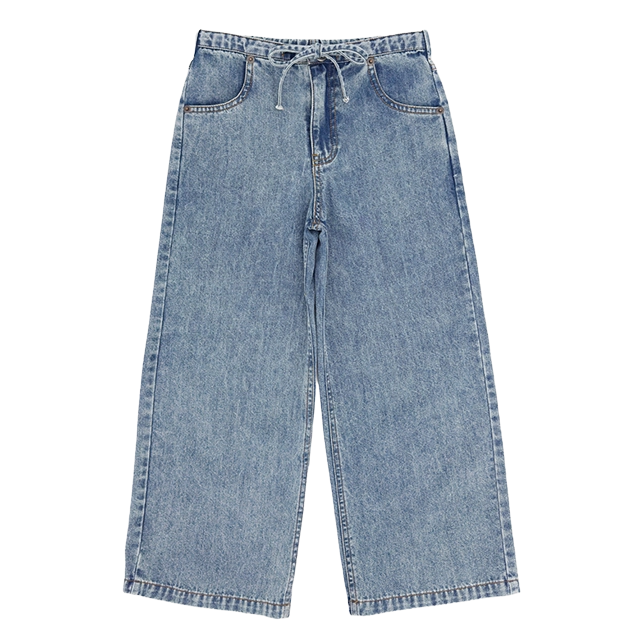 A pair of light blue wide-leg jeans with a drawstring waist.
