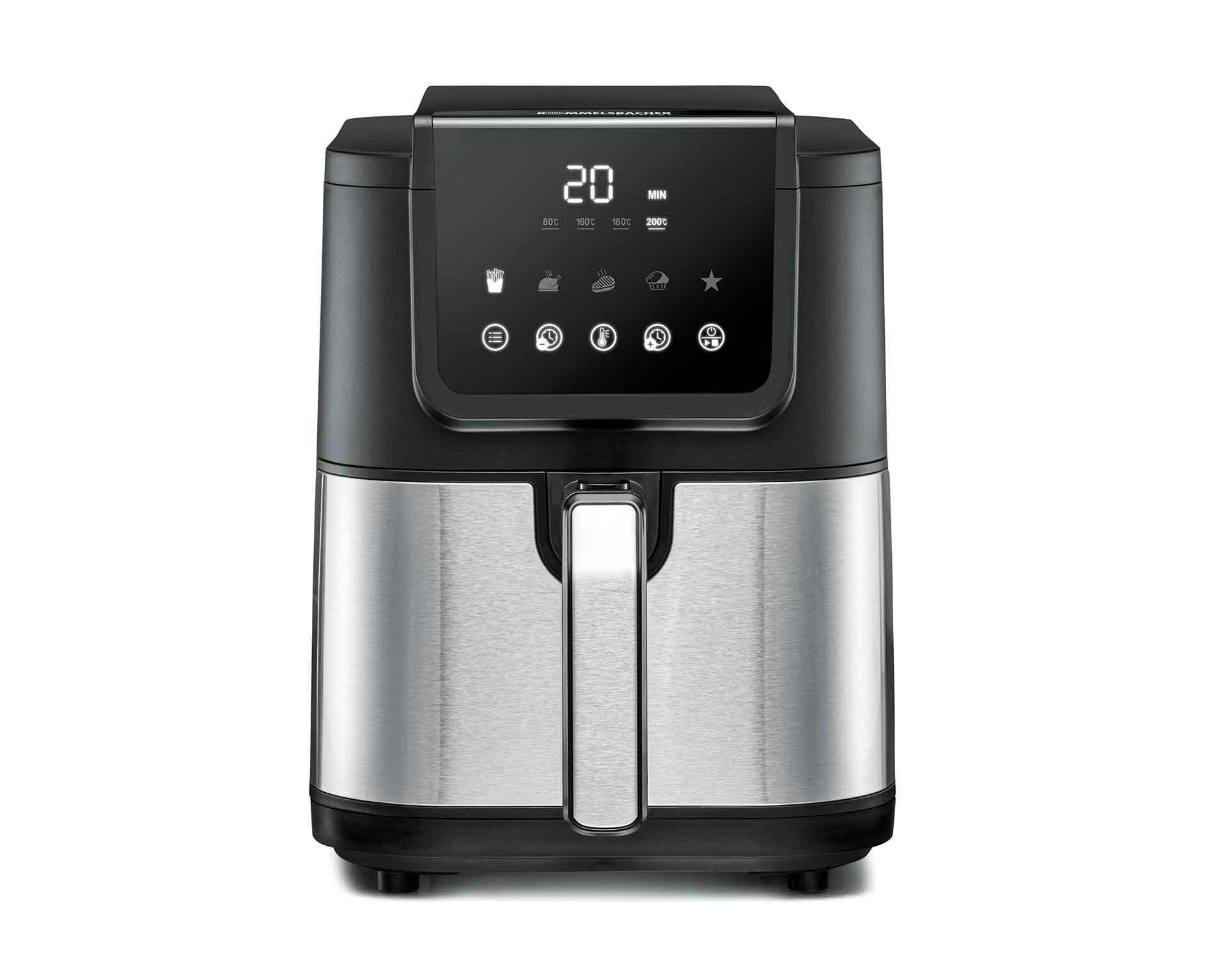 A black and silver air fryer with a digital display and buttons.