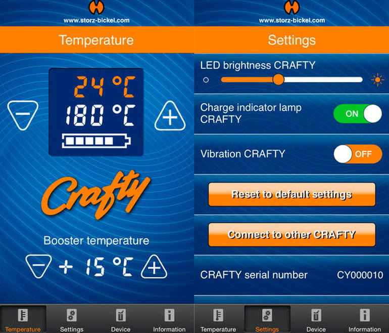 Storz & Bickel Crafty with smartphone app screenshot