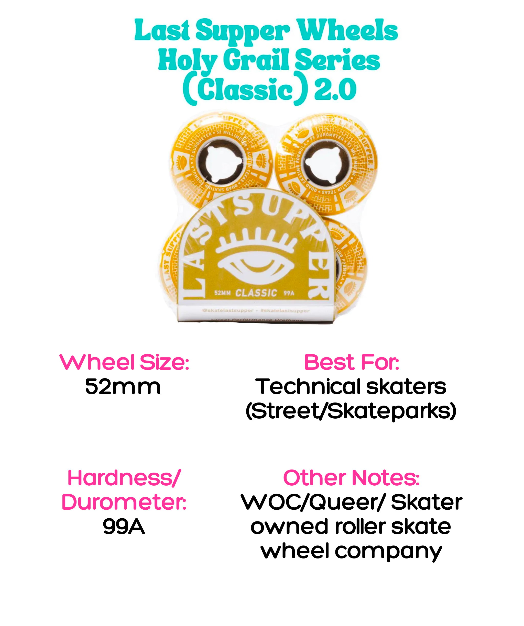 last supper wheels holy grail series classic 2.0, 52mm, 99A, best for technical skates on the street and at skateparks, 99A hardness, WOC, Queer and Skater owned roller skate wheel company