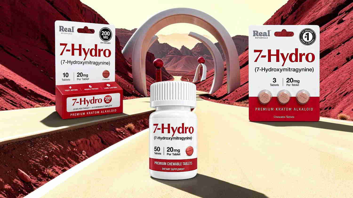 Bottles and packaging of 7-Hydro supplement against a stylized desert background.