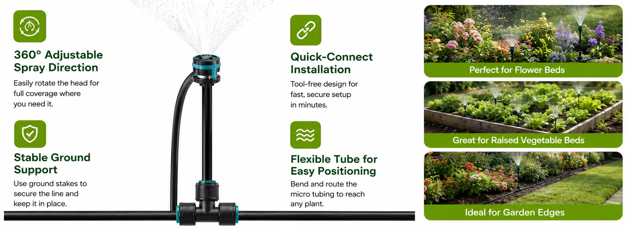 Features of a garden sprinkler system with installation instructions and benefits.