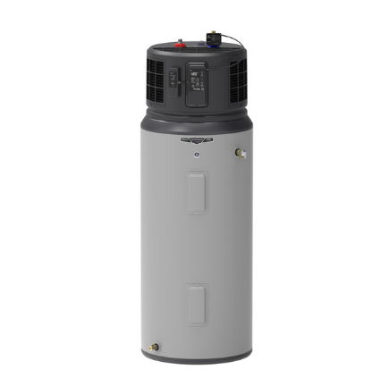 Water heater with a cylindrical gray tank and black top unit.