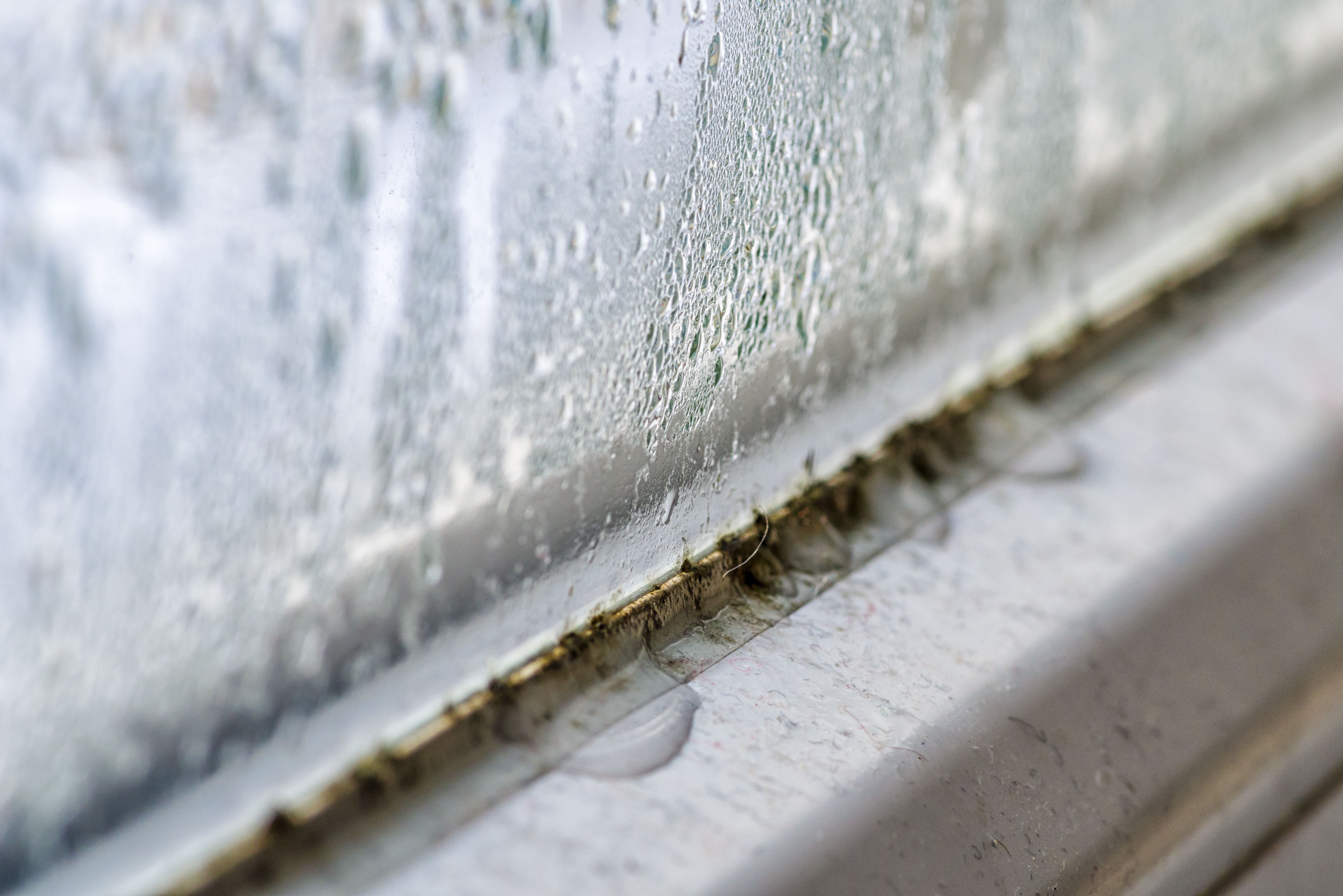 Close-up of condensation on a window sill with visible dirt.
