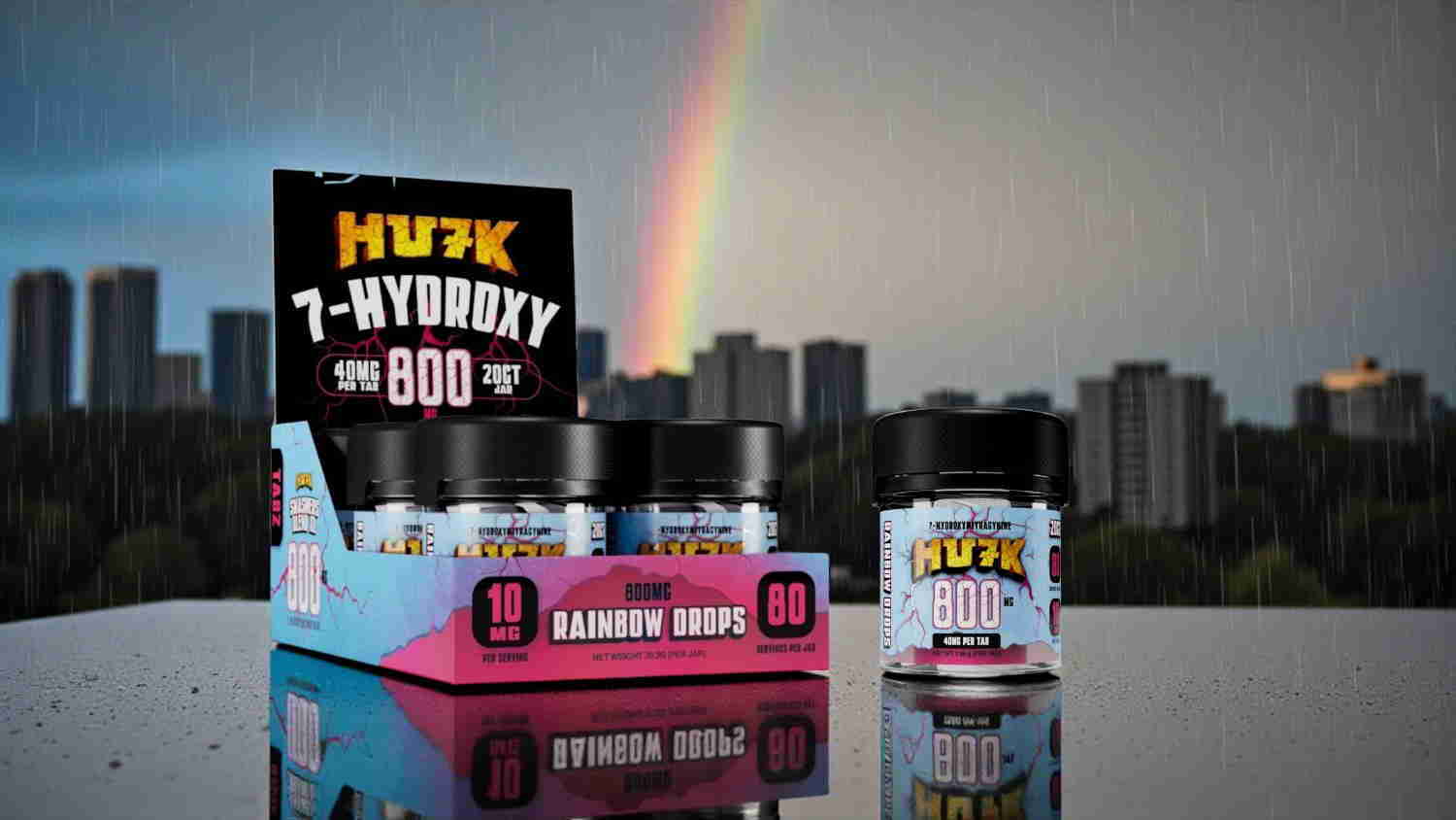 Display of HUK 7-Hydrxy 800 product with rainbow backdrop.