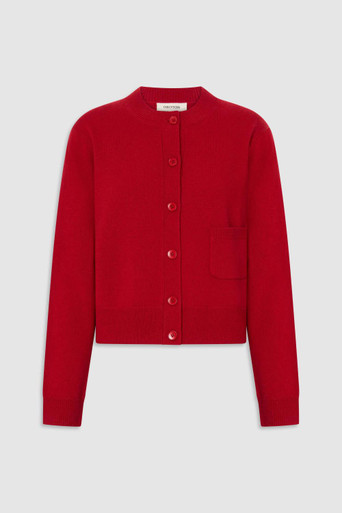 Red cardigan with a round neckline and button closure.